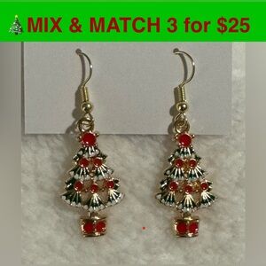 CE26 - Christmas Tree Earrings, Gold-tone, Green, Red, White